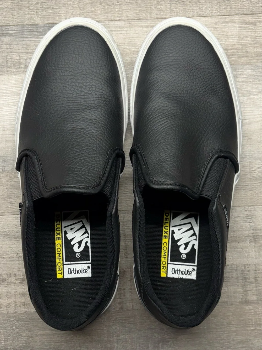 Vans Asher Deluxe Black Leather Slip-On Shoes Women’s Size 10 OrthoLite Mens 8.5